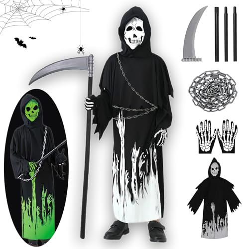 HUTRADE Costume Halloween Bambino Morte – Tristo Mietitore con Mantello, Cappuccio, Maschera, Falce e Guanti Fosforescenti, Set Completo per Bambini 7-14 Anni per Halloween, Carnevale e Cosplay (XL)