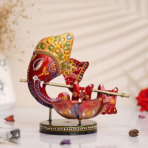 Image of Decorative Handcrafted Multicolor Metal Ganesh Red Tea Light Holder for Home Decoration and Gift