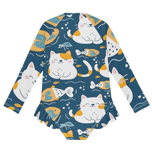 Girls One Piece Swimsuits Long Sleeve Swimsuit Zipper Bathing Suits Cute Cat Fish Blue2
