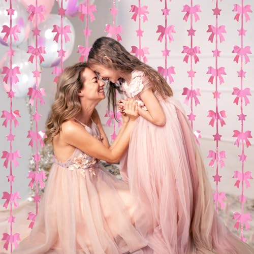 Image of Menstarsi Bow Foil Fringe Curtains, Pink Bow Birthday Backdrop, 2 Pack | Pink Bow Party Decorations Pink Coquette Party Supplies Photo Booth Props Backdrop for Baby Girls Bridal Shower Party Decor