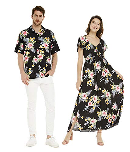 Couple Matching Hawaiian Luau Aloha Shirt Maxi Ruffle Sleeve Dress in Hibiscus