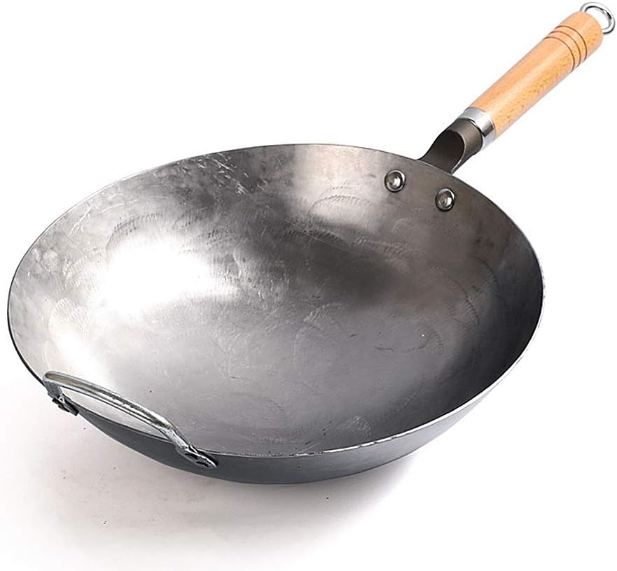 AIZYR Round Bottom Wok Carbon Steel Wok, Hand Hammered Carbon Steel Pow Wok with Hangable Wooden and Steel Helper Handle, 3 Sizes to Choice,36cm/14in