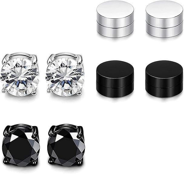 oyosonabymy 4 Pairs Magnetic Earrings for Men, Non-Pierced Magnetic Stud Earrings, Magnetics Earring Studs Stainless Steel Fake Earring Non Piercing for Women Men Clips On Earrings Silver Black-picture-25