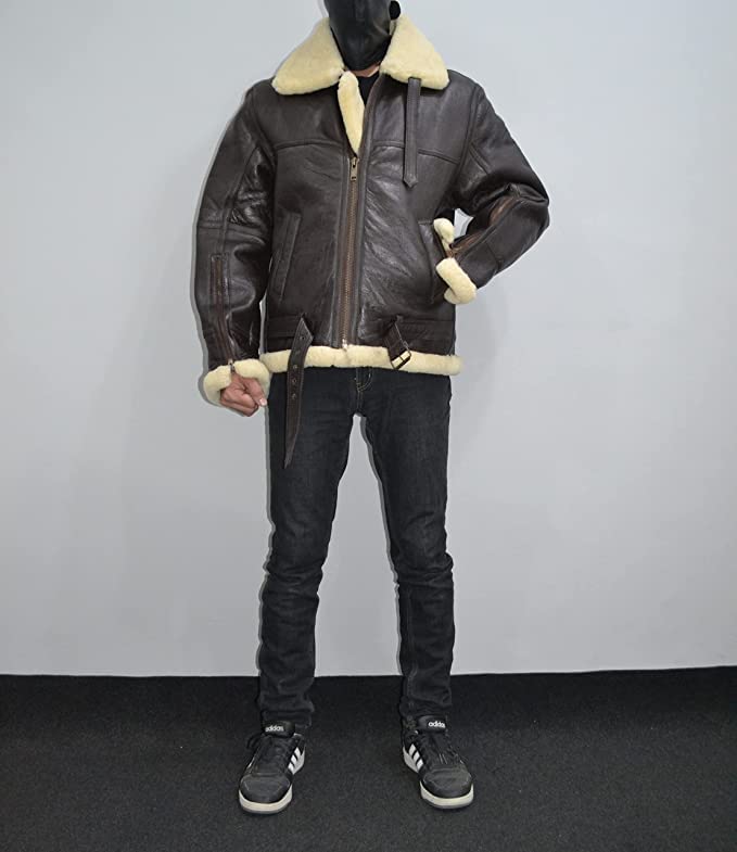 Shearling Brown Leather Coat Genuine Sheepskin Leather Coat with Artificial Fur B3 Bomber Leather Coat Aviator Coat for Men (as1, alpha, 3x_l, regular, regular, Dark Brown)3
