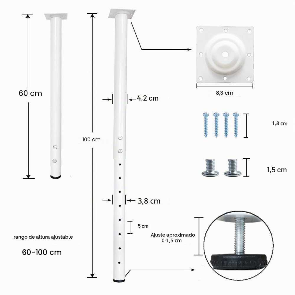 QLLY Set de 4 Patas de Mesa metálicas Ajustables, de 60 a 100 cm, para Oficina en casa, Bricolaje (Blanco)