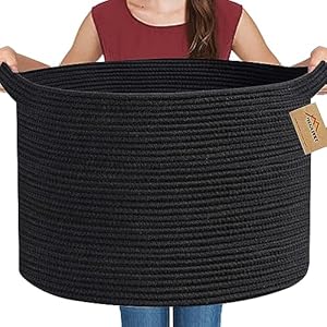 Large Black Blanket Basket, 22″ X 22″ X 14″ Woven Rope Bin for Storage, Kids Dog Toy Storage Box Organizer Bins, Blanket Holder for Living Room, Decorative Wicker Basket for Organizing
