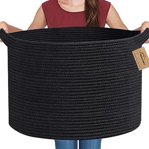 Large Black Blanket Basket, 22″ X 22″ X 14″ Woven Rope Bin for Storage, Kids Dog Toy Storage Box Organizer Bins, Blanket Holder for Living Room, Decorative Wicker Basket for Organizing