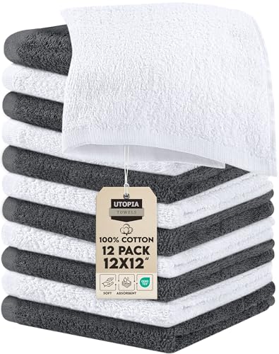 Image of Utopia Towels 12 Pack Cotton Washcloths Set, 100% Ring Spun Cotton, Premium Flannel Face Cloths, Highly Absorbent and Soft Feel Fingertip Towels, Grey, White