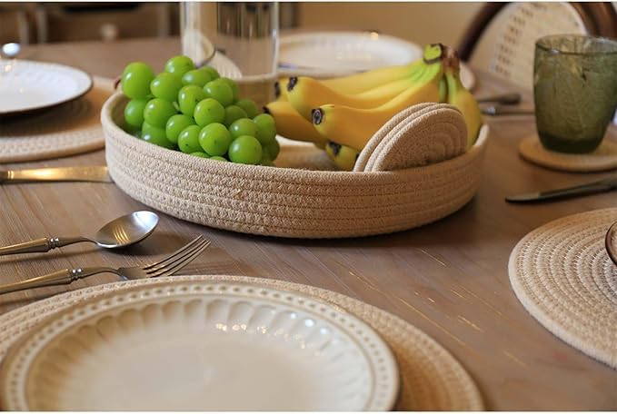 Image of Cotton Rope Placemat Set with Coasters and Holder 6 Pieces Round Woven Table | Mats Natural Beige Heat Resistant | Dining Table Decor | Durable Washable Kitchen Accessories