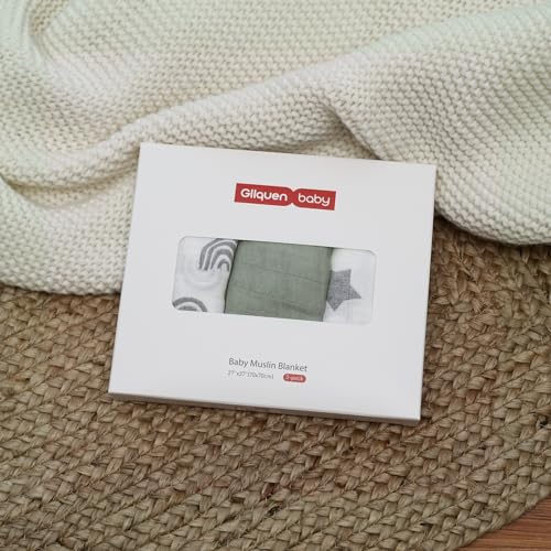 Image of GLLQUEN BABY Receiving Blanket Boy Cotton Muslin Swaddle Blankets Girl Newborn Squares Breathable & Soft Thin Baby Blankets Cloths Double Absorbent Infant Swaddling Wrap - 3 Pack (Star)
