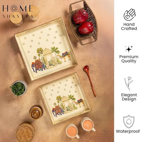 Image of Wooden Serving Tray with Gold Engraving | Set of 2 | Size : 12 x 12 inch & 10 x 10 inch | Enamel Coated Waterproof | Square Trays | Decorative Trays | (Royal Camel Square Trays Set)