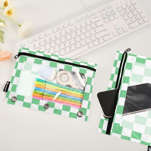Image of Green-White Lattice Pencil Pouch for 3 Ring Binder with Zipper 2 Pack Binder Pouches Cosmetic Bag with Clear Window