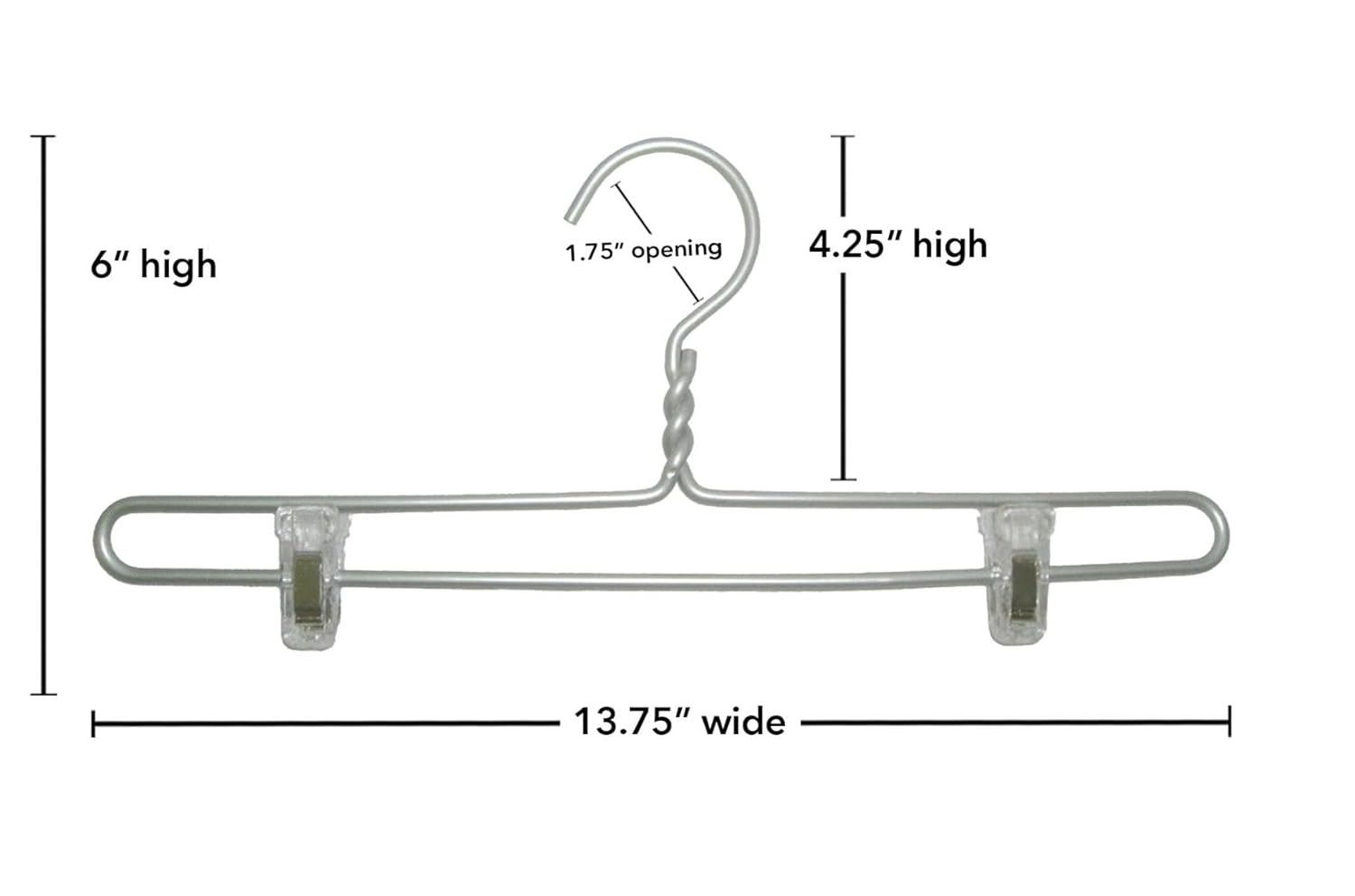 NAHANCO Brushed Aluminum Skirt/Pant Hanger with Twisted Neck, Plastic Clips, 13.75” (Pack of 100)