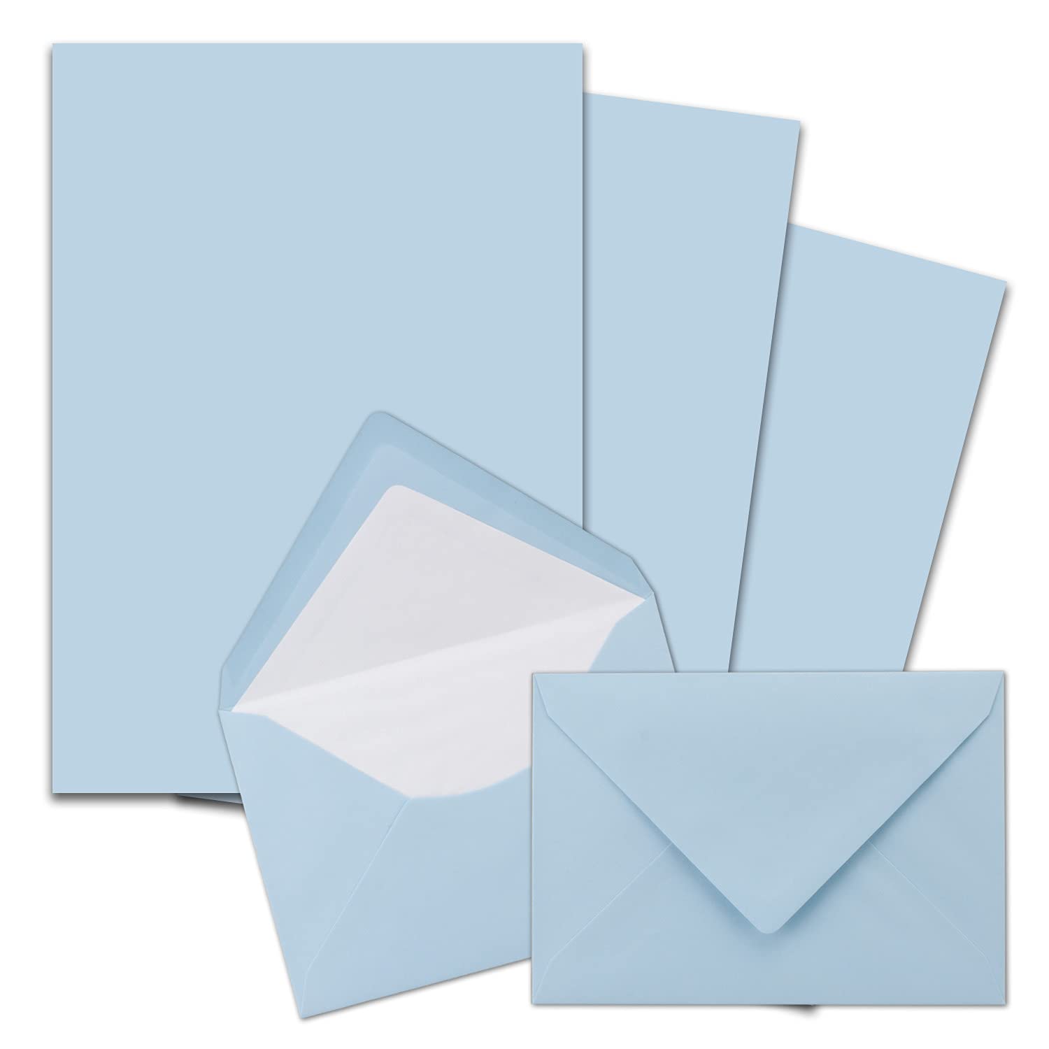 Set di 400 fogli di carta da lettere DIN A4 con buste foderate in formato C6, incollaggio a umido, azzurro (blu)