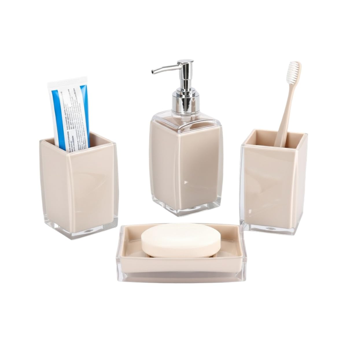 Badaccessoire-Set 4-teilig, Seifenspender, Zahnbürstenhalter, Schale & Organizer Beige