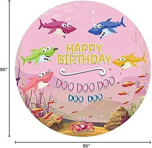 Miniatura 8 de Renaiss Fundas de fondo redondas de 7.2 x 7.2 pies para sesión de fotos, retratos de niños, tiburones coloridos, peces, Doo Doo Doo, círculo rosa,