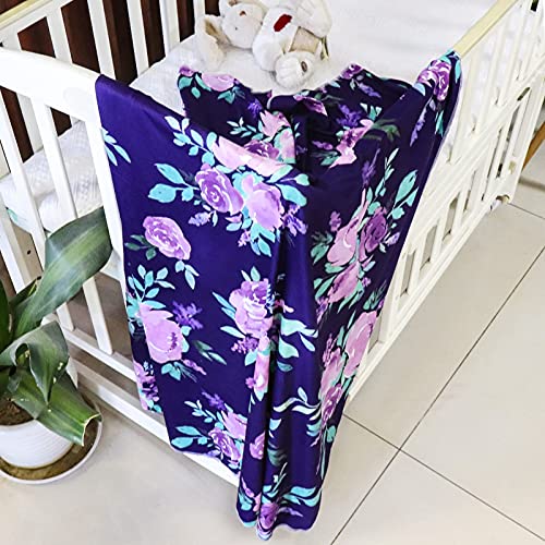 Image of Newborn Receiving Blanket Headband Set Purple Flower Stretchy Baby Girl Swaddle Blanket Large Infant Sleeping Wrap Blankets