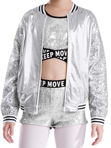 Kids Girls Sparkly Long Sleeve Jacket Hip Hop Dance Outfits Metallic Outerwear for Disco Party Fancy Dress Up