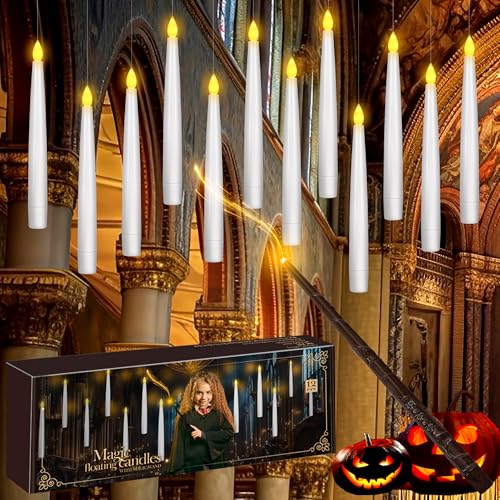 pmgro 12pcs Flameless Taper Candles with Remote Dimmer 3D Battery Operated Window Taper Candle with Flickering Light 6.3IN Floating Hanging Candles with Wand Christmas Decor for Home Wedding