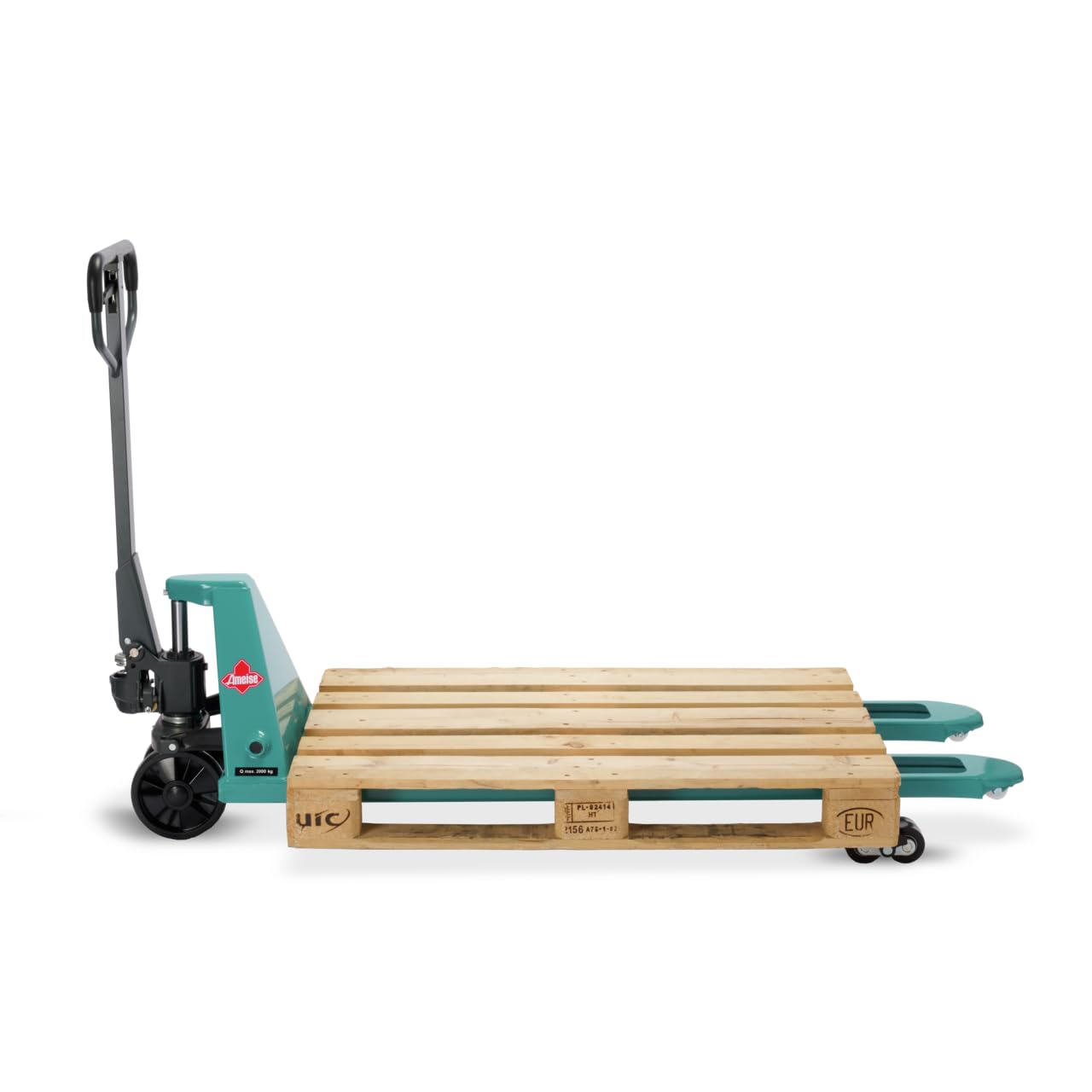 Ameise Hubwagen PTM lang | 2.000 kg Tragkraft | 1.500 mm Gabellänge | Lenkrad/Gabelrolle aus robustem Polyurethan | Tandem-Gabelrollen | Palettenhubwagen