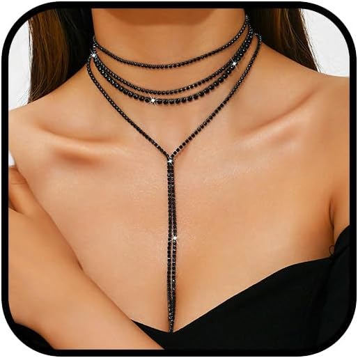 Long Rhinestone Lariat Necklace Silver Black Statement Bling Sparkly Cz Tennis Chain Choker Layered Faux Diamond Y Necklaces Prom Jewelry for Women (Black)