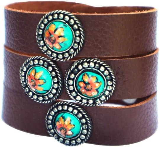 Adjustable Soft Brown Leather Triple Band Cuff Bracelet with Hand Painted Sunflower Cabochons Bohemian Jewelry for Teen Girls Women