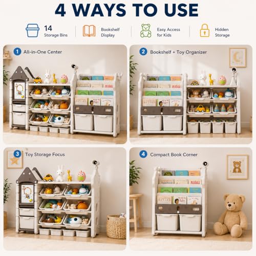 Image of 3in1 Kids Toy Storage Organizer with Bookshelf, Kids Bookshelf with Bins, Montessori Book Shelf, Toy Organizer for Baby Room Children's Books Toy Rack Nursery & Playroom Storage Organizer