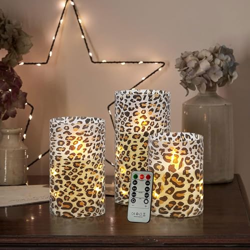 Image of Flickering Flameless Candles, Recessed String Light LED Candles 3D Wick Acrylic Battery Operated LED Pillar Candles with Remote and Timer for Modern Simple Home Decor Set of 3(Leopard)