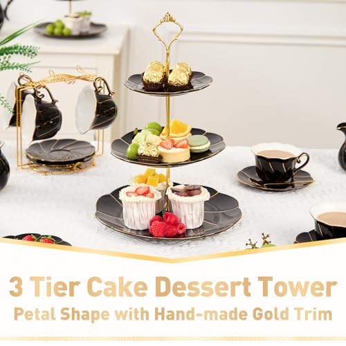 DUJUST Luxury Porcelain 3-Tier Cupcake Stand Tower, British Style Serving Tray with Golden Trim, Food Grade Dessert Display Stand, Beautiful Gift for Tea Party & Home Décor - Black - Image 4