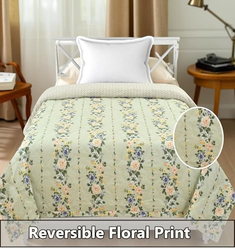 Image of IVAZA Luxury Ultrasonic Punch AC Comforter Blanket - Quilted Microfiber Floral Pattern, Lightweight Breathable All‑Season Blanket for Bedroom, Travel (Singled Bed,228x152 CM) (Light Pastel Green)