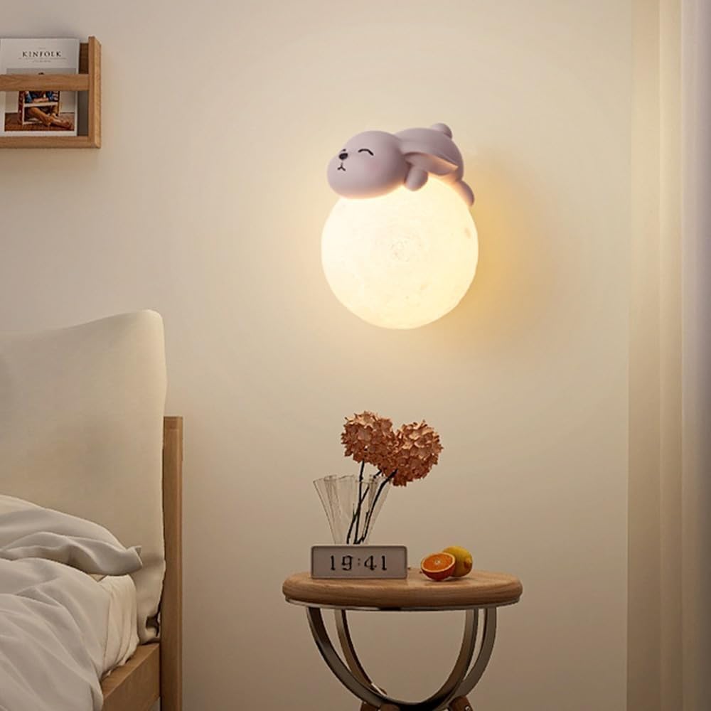Lampada da Parete Moderna Nordica per Cameretta dei Bambini - Simpatico Cartone Animato Coniglio Luna Sferica Minimalista