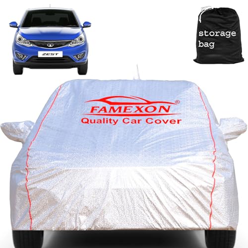Image of Waterproof Car Body Cover with Mirror Pocket Compatible for Tata Zest Triple Layer Inner Fabric & Pipein Design Protects from Animals, Heat, Rainfall (Metallic Silver)