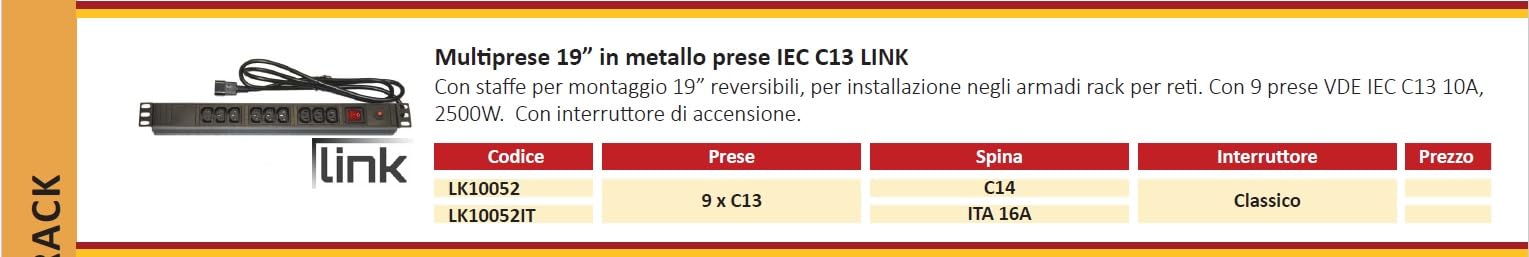 Link LK10052 Multiprise, 9 Prises Femelles IEC C13, pour Rack de 19”