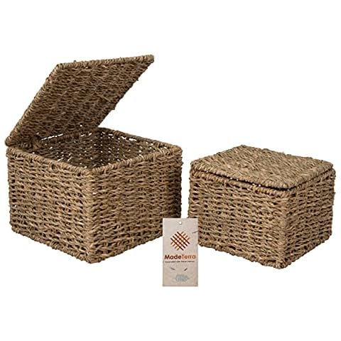 MadeTerra Set of 2 Nesting Wicker Cube Storage Boxes with Lids and Metal Steel Frame, Straw Wire Woven Square Storage Basket Organiser for Home, Kids, Toys, Small Items (1) Cover