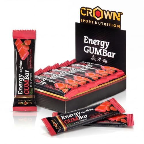 Crown Sport Nutrition Energy GUM Bar Fresa | Barritas Energéticas de Gominola con Cafeína | Carbohidratos, Electrolitos y Aminoácidos | Caja 12 Uds | Vegana