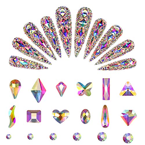 Crystal AB 3D Nail Art, Cosics 100PCS Full Cover Long Nails Stiletto Clear Tips with Storage Box, 1560PCS Flatback Gemstones for Nails & Mix Sizes Round Nail Rhinestones Diamonds for Nails Design