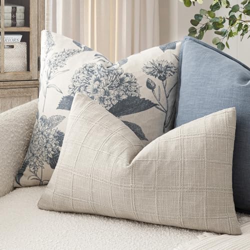 Image of Foindtower Set of 1 Decorative Linen Check Throw Pillow Cover Neutral Farmhouse Lumbar Cushion Cover Modern Boho Accent Home Decor for Sofa Chair Couch Bedroom Living Room,12x20 Inch,Light Grey