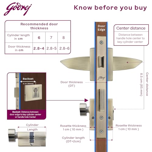 Image of Godrej Mortise Lock | Handle Lock Set | Calla Rossette Home Decor Handle | Matte Black Nickel Finish | 240 mm Lockbody | Eco Pin Cylinder 60 mm Knob from Inside and with 3 Keys|5 Years Warranty