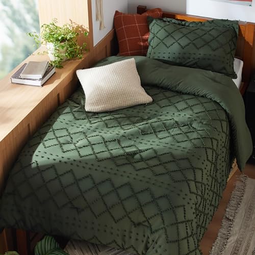 Image of Bedsure Twin Comforter Set - Olive Green Comforter, Boho Tufted Distressed Vintage Bedding for Kids, 2 Pieces Farmhouse-Style Bed Set for All Seasons, Fluffy Soft Bedding with 1 Pillow Sham