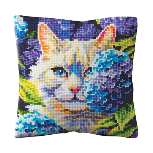 Canevas point de croix chat hortensia pour taie d'oreiller quickpoint 40x40cm 5501
