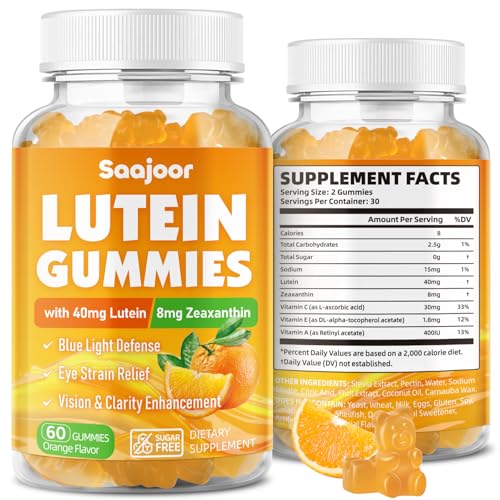 Saajoor Lutein & Zeaxanthin Gummies - Eye Vitamin Supplement with 40mg Lutein & 8mg Zeaxanthin to Support Macular Vision & Overall Eye Health Naturally Orange Flavor 60 Count