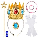Princess Peach Costume Accessories Crown Earrings Gloves Brooch Magic Wand Bracelet Necklace Princess Peach Crown Dress Up Set for Halloween Cosplay Birthday Party for Women Girls