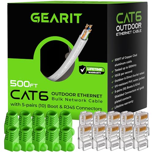 GEARit RJ45 Cat-6 Ethernet Patch Cable, DIY Bulk Kit (10 RJ45 & 10 Boot), 10Gpb Transfer Speed, Gold-Plated Connectors, Copper Clad, Outdoor, UV Resistant, Direct Burial, Waterproof, 500 Foot, Black