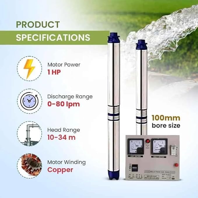 Image of Jindal 1HP Single Phase Pure Copper Water Filled Submersible Pump for Borewell with Control Panel, 30 m Safety Wire & 2.5 Sqmm Submersible Cable, 12 Months Warranty