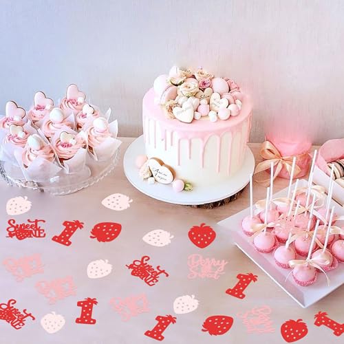 Image of 200Pcs Double-sided Pink Red Strawberry Confetti Berry Sweet One Table Confetti Red Strawberry One Table Decorations for Baby Shower Girls Berry 1st Birthday Party Confetti Supplies