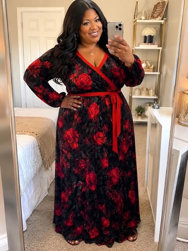 Image of PinkPatty Women's Long Sleeve Maxi Dress Plus Size Trendy Wedding Guest Dress with Pockets&Belt