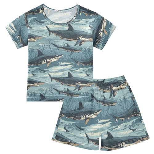 ALAZA Sharks Seaweeds Pajama Set Short Sleeve Sleepwear Soft Lounge Nightwear