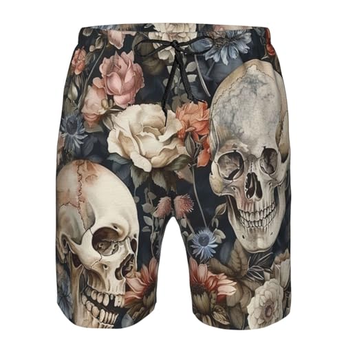 Skulls and Flower Watercolor Gothic Vintage Men's Quick Dry Swim Shorts, Mesh Lined Beach Trunks with Pockets