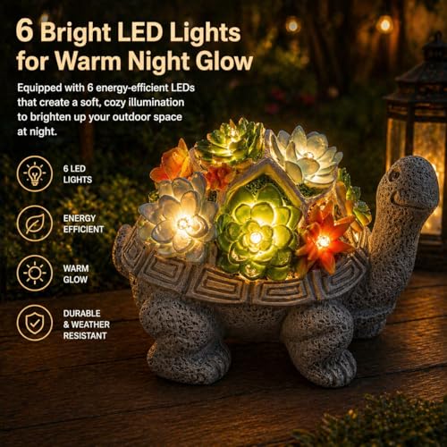 Image of XERGY Solar Powered Garden Decor Turtle Resin Statue with 6 Warm White LED Lights, Waterproof, Dusk to Dawn Sensor for for Lawn, Terrace & Balcony Decor (Grey)