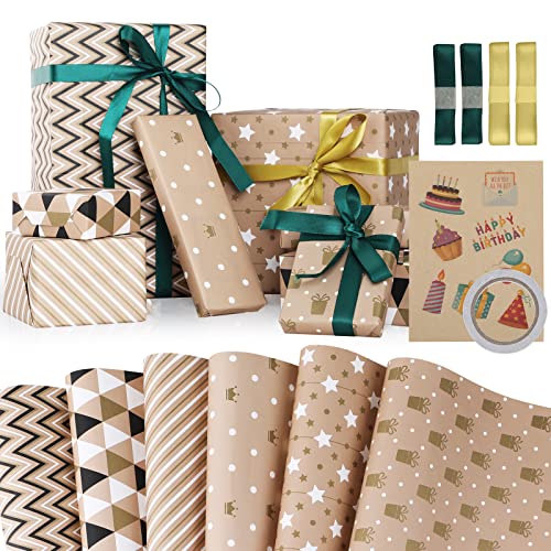 Hianjoo Papel de presente, 6 folhas de papel reciclável 70 x 50 cm embrulhar presentes papel craft com 1 folha autocolantes de presente 1 fita de dupla face e 4 fitas decoração festa bricolagem